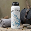 White water bottle with black lid, mountains graphic, and compass rose.