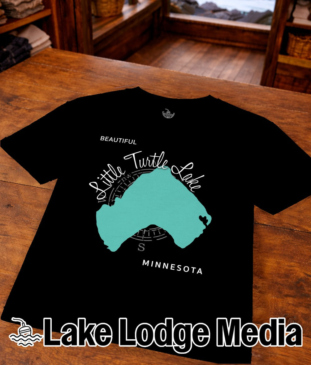 Black t-shirt featuring a teal map of Little Turtle Lake, Minnesota.