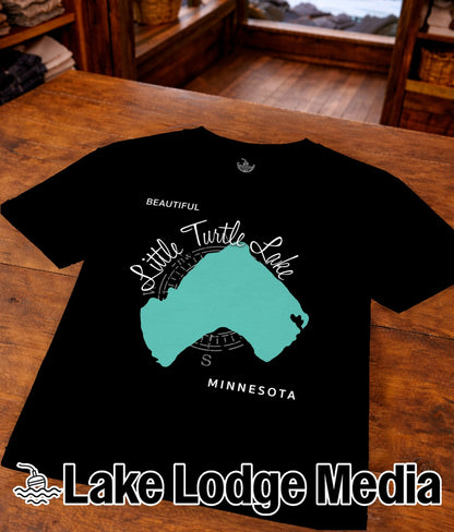 Black t-shirt featuring a teal map of Little Turtle Lake, Minnesota.
