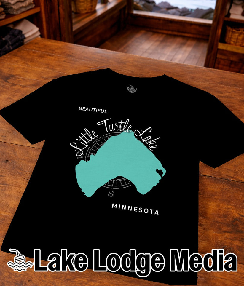 Black t-shirt featuring a teal map of Little Turtle Lake, Minnesota.