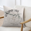 Pillow with Fontana Lake map design, compass rose, and "North Carolina" text.