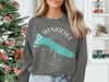 Gray sweatshirt with teal Lake Wenatchee shape and compass design