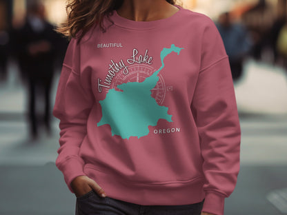 Teal Timothy Lake Oregon map on pink sweatshirt.