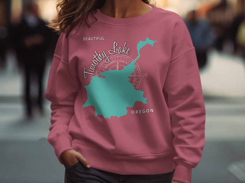 Teal Timothy Lake Oregon map on pink sweatshirt.