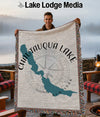 Chautauqua Lake New York map design on a fringed throw blanket.