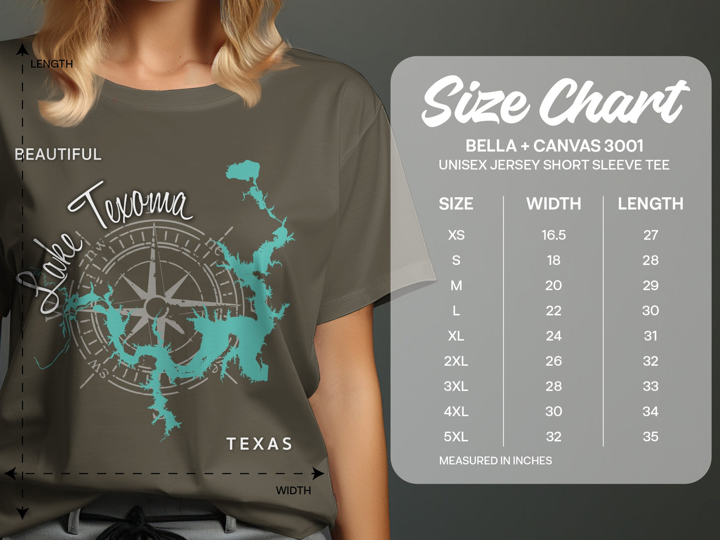 Size chart for Bella + Canvas 3001 unisex t-shirt with Texas lake graphic.