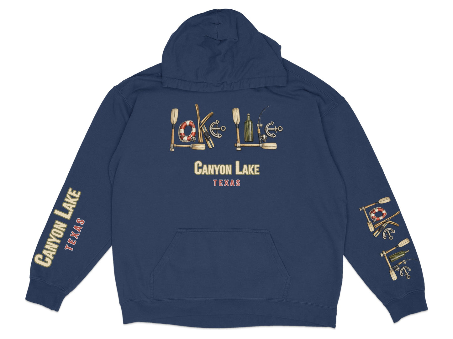 Navy blue hoodie with Canyon Lake Texas graphics on front and sleeves.