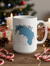 White mug with a blue outline map of Garibaldi Lake, British Columbia.
