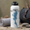 White water bottle with a blue map of Sunapee and "New Hampshire" text.