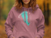 Pink hoodie with a turquoise Pyramid Lake Nevada map design and compass rose.