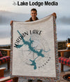 Jordan Lake Alabama map woven throw blanket with fringed edges.