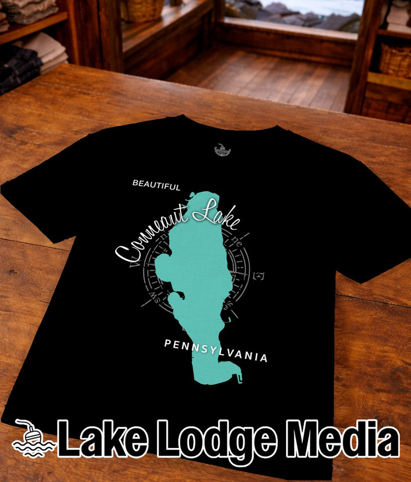 Black t-shirt with teal outline of Connecticut Lake and compass rose.