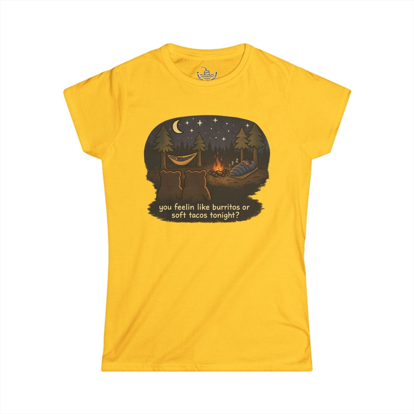 Campfire Bears Humor Women's Cut Shirt, People in Sleeping Bags are Bear Burritos and Tacos Joke, Hiking Smores Bonfire Shirt