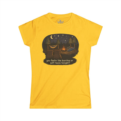 Campfire Bears Humor Women's Cut Shirt, People in Sleeping Bags are Bear Burritos and Tacos Joke, Hiking Smores Bonfire Shirt