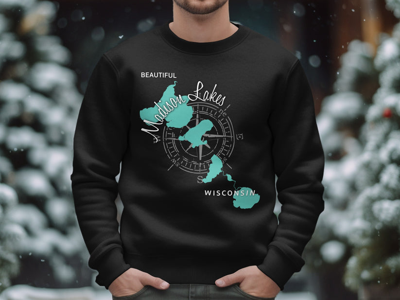 Black sweatshirt with "Beautiful Madison Lakes Wisconsin" and a compass design.