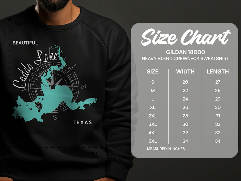 Caddo Lake map graphic on a black sweatshirt with a size chart.
