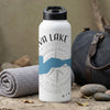White water bottle with black lid, featuring a compass rose and map of Lava Lake, Wisconsin.