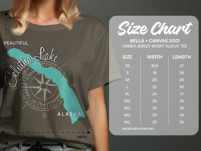 T-shirt with Eklutna Lake graphic and Bella+Canvas size chart.