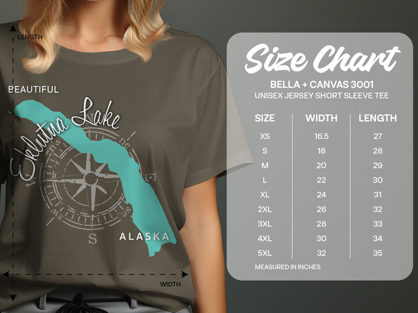 T-shirt with Eklutna Lake graphic and Bella+Canvas size chart.