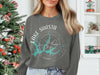 Grey sweatshirt with Lake Shasta California compass graphic and light blue lake outline.