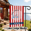 Garden flag with red and white stripes, "Lake Shasta" text, and California map.
