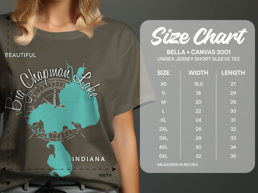T-shirt size chart showing measurements for Bella + Canvas 3001 UNISEX JERSEY SHORT SLEEVE TEE.