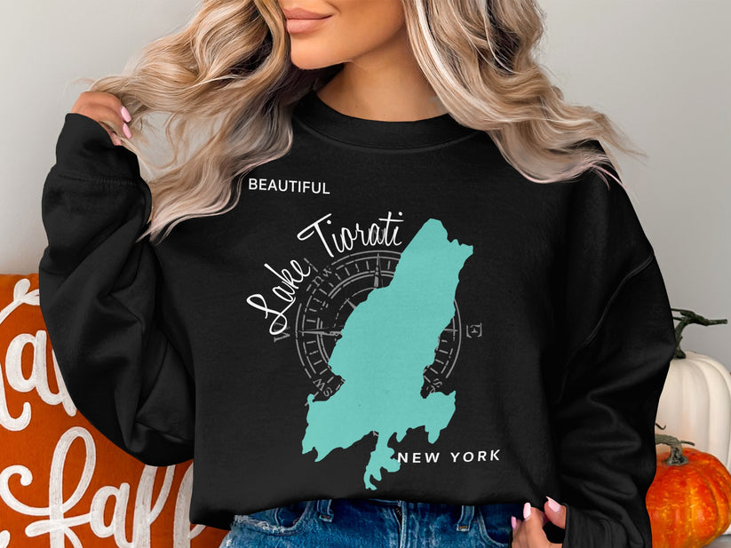 Black sweatshirt with teal Lake Tiorati, New York map design.