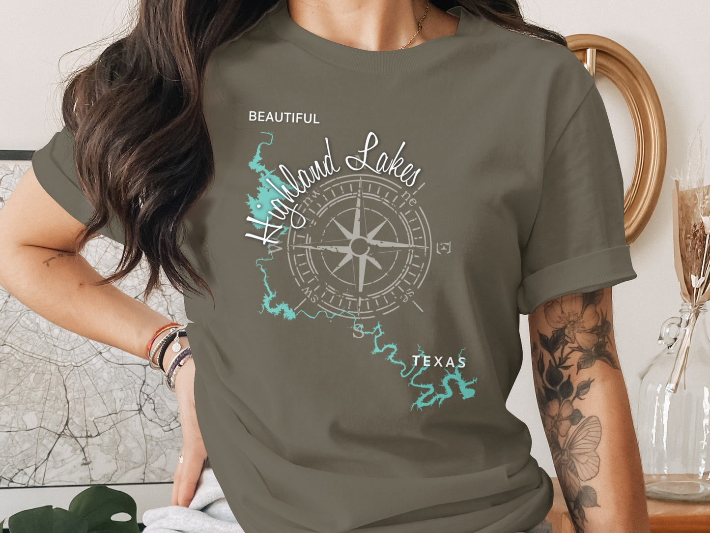 T-shirt with compass and "Highland Lakes, Texas" map graphic.