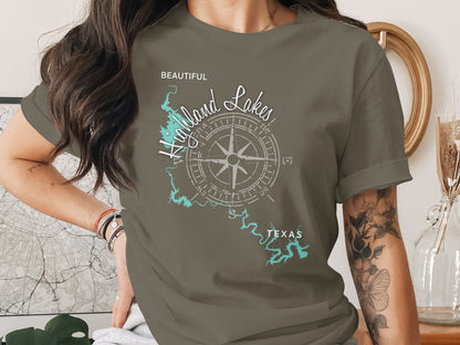 T-shirt with compass and "Highland Lakes, Texas" map graphic.