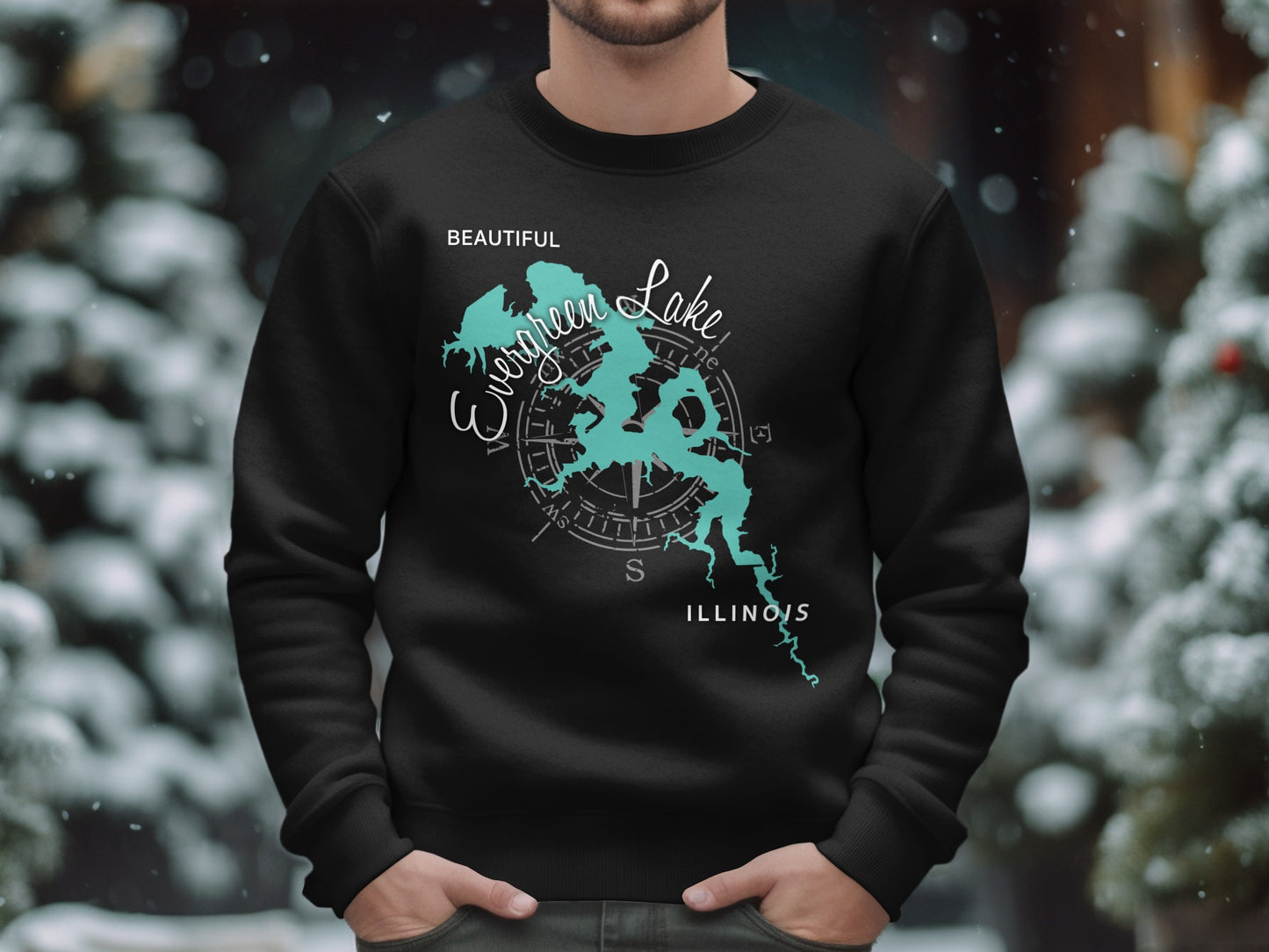 Black sweatshirt with teal Evergreen Lake Illinois map and compass design.