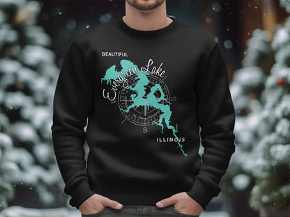 Black sweatshirt with teal Evergreen Lake Illinois map and compass design.