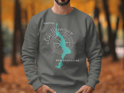 Dark gray sweatshirt with a teal Lake Winnipesaukee map and compass.