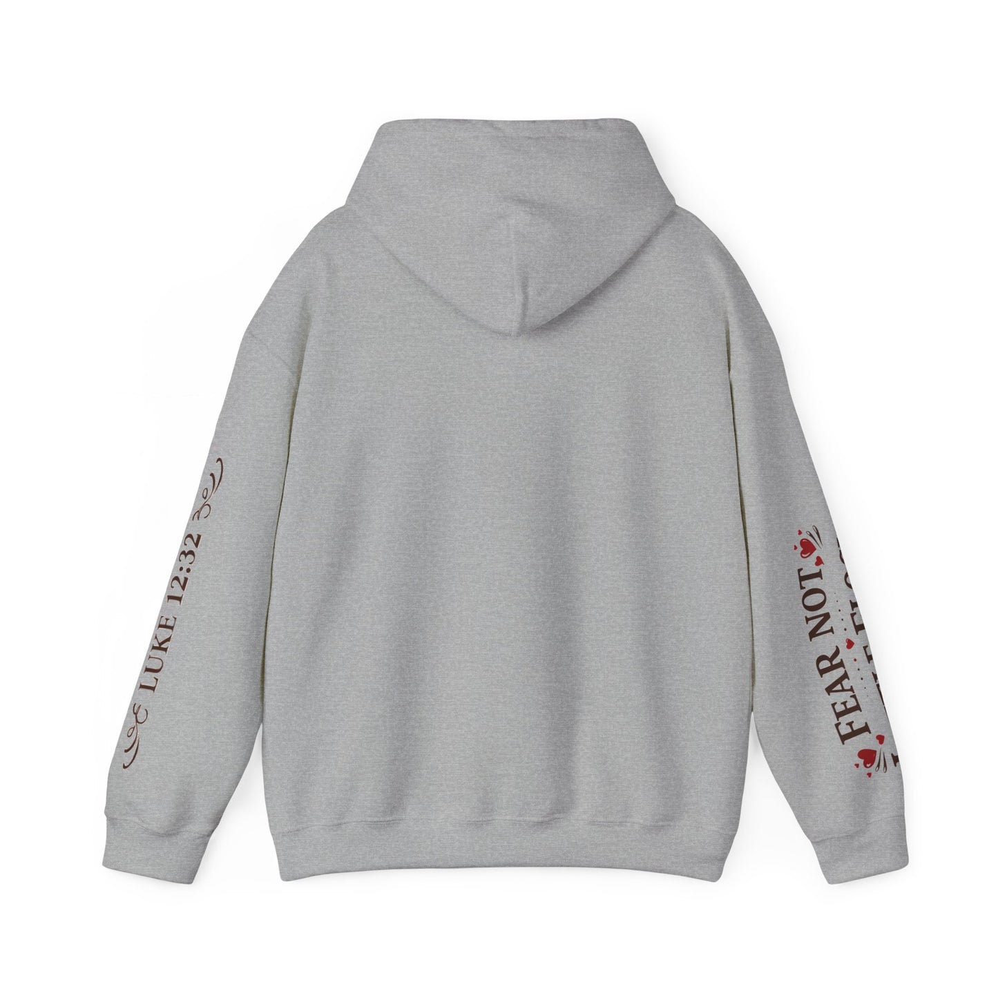 Fear Not Little Flock Hoodie with Printed Sleeves | Luke 12:32 Scripture Heart Design Bible Verse Gift | Share your faith