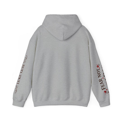 Fear Not Little Flock Hoodie with Printed Sleeves | Luke 12:32 Scripture Heart Design Bible Verse Gift | Share your faith