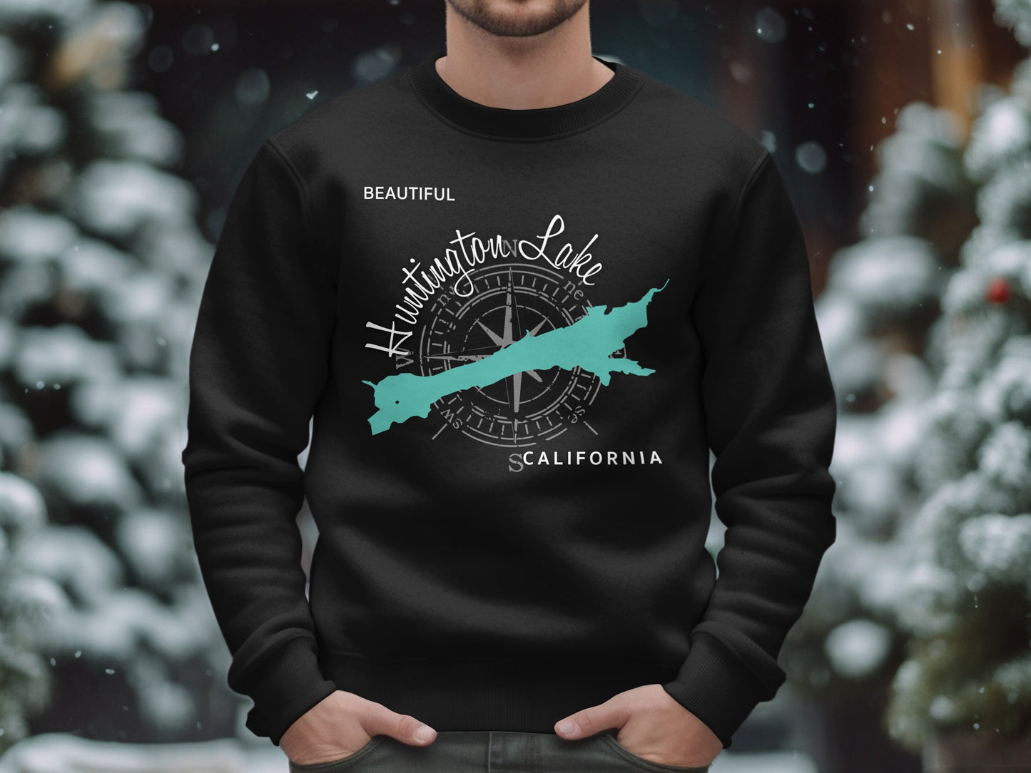 Black sweatshirt with "Huntington Lake" and map silhouette, California.