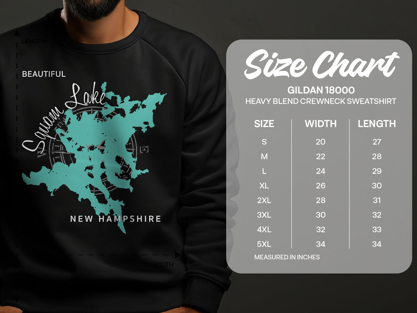 Gildan 18000 sweatshirt size chart with Squam Lake graphic.