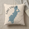 Cream pillow with blue Lake Onota silhouette and text, "Lake Onota Massachusetts".