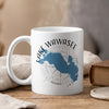 White mug with Lake Wawasee Indiana map design and compass rose.