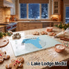 A glass cutting board featuring a blue map of Lake Stevens, Washington, rests on a festive kitchen counter.