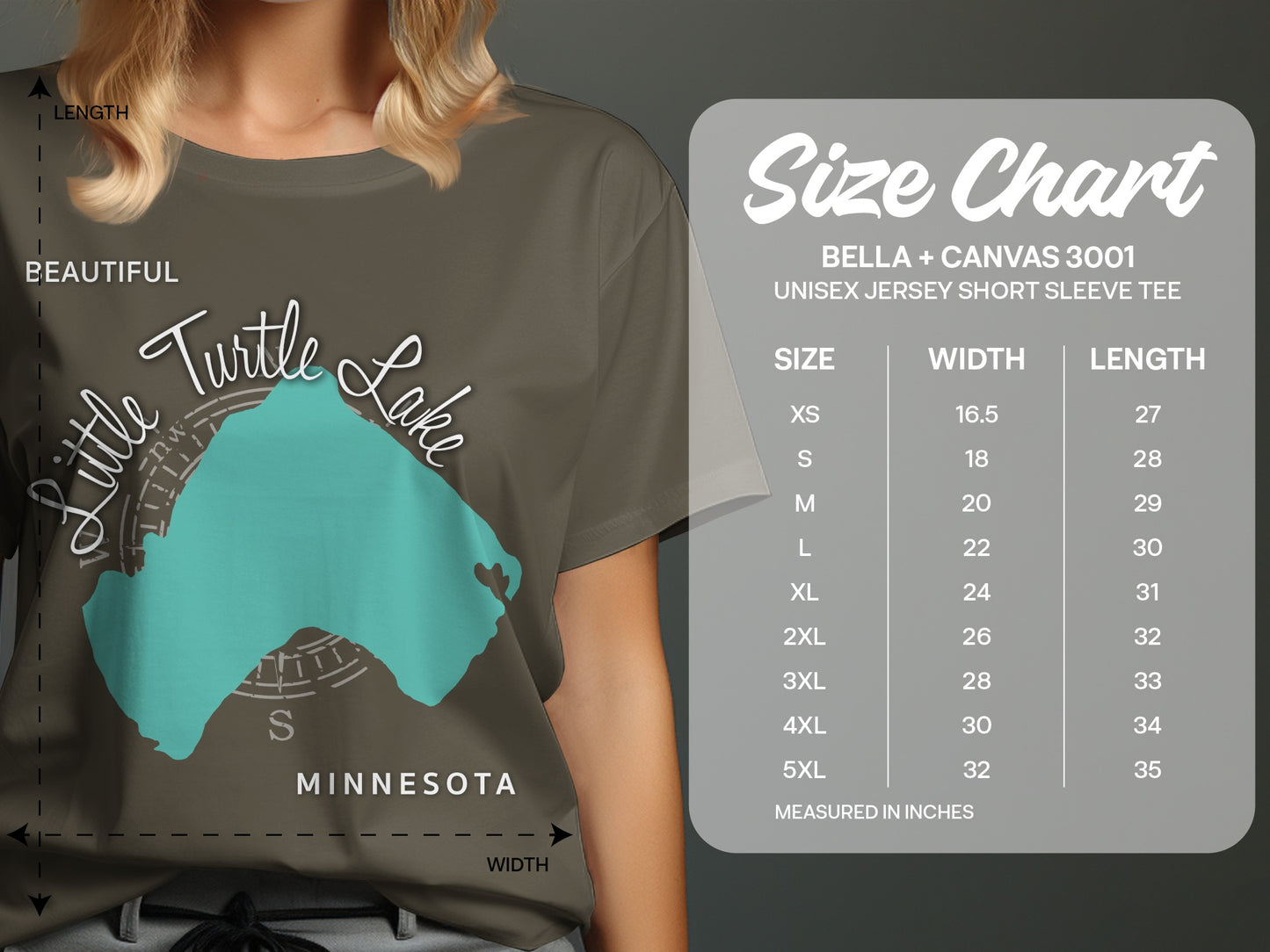 T-shirt with "Little Turtle Lake, Minnesota" graphic and size chart.