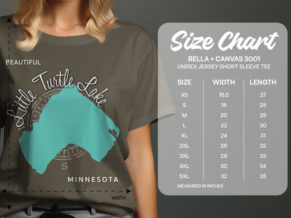 T-shirt with "Little Turtle Lake, Minnesota" graphic and size chart.