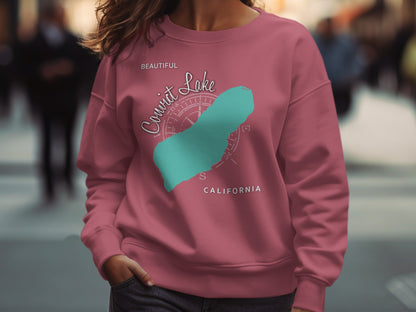 Maroon sweatshirt with "Convict Lake California" and lake silhouette graphic.
