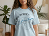 Light blue t-shirt with Lake Hickory North Carolina compass and map design.