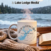 White mug with "Your Custom Lake Image Your State" text and lake outline design.