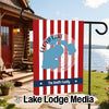 Custom Floyd Lake garden flag with red and white stripes, a blue lake outline, and "The Smith Family" text.