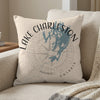 Pillow with Lake Charleston Ontario map graphic and compass design.