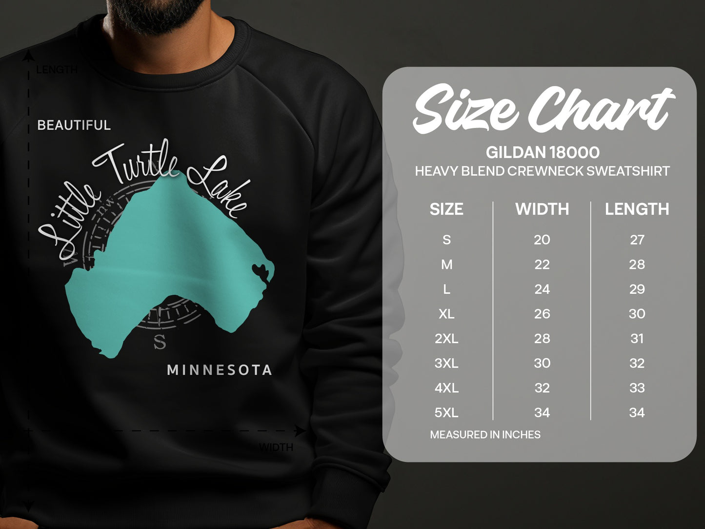 Sweatshirt with Minnesota's Little Turtle Lake graphic and size chart.