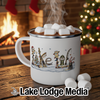 White mug with hot chocolate and marshmallows, featuring winter and fishing Christmas graphic.