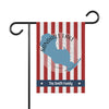 A red and white striped garden flag featuring a blue lake silhouette, compass graphic, and personalized text.