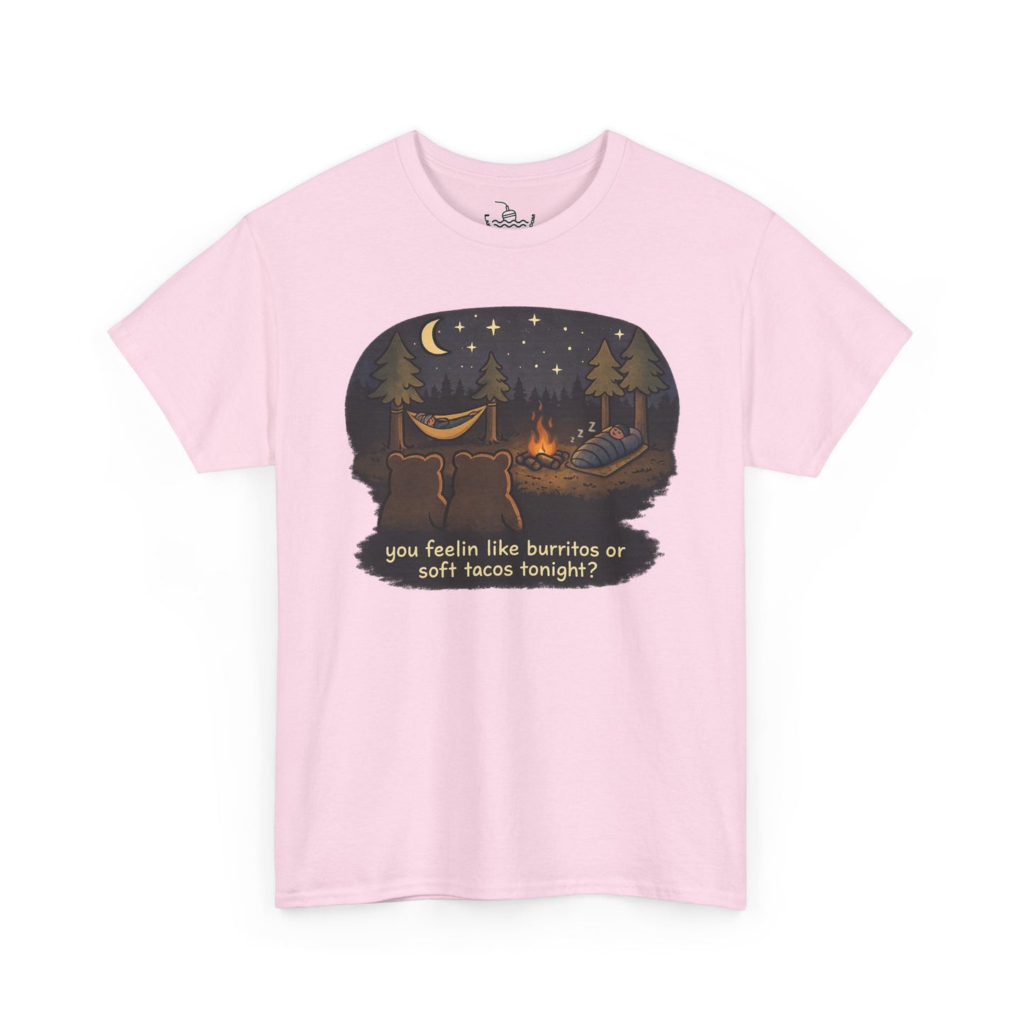 Campfire Bears Humor T-Shirt, People in Sleeping Bags are Bear Burritos and Tacos Joke, Camping Hiking Smores Bonfire Apparel